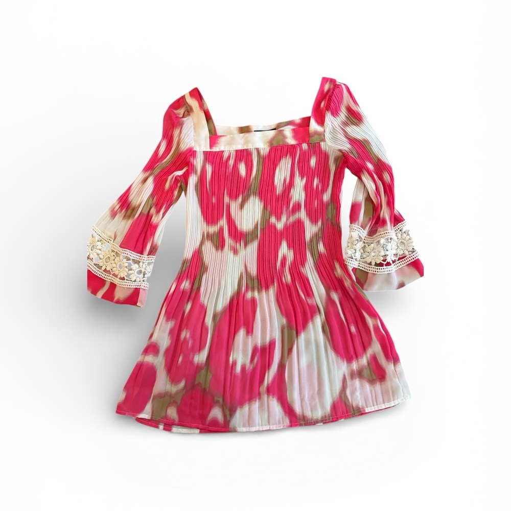 Alfani Petite 10P Pink Floral Boho Tunic Top Square Neck Lace Bell Sleeve - Picture 2 of 7